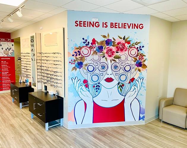 Seeing is believing mural wall at Levin Eyecare in Glyndon